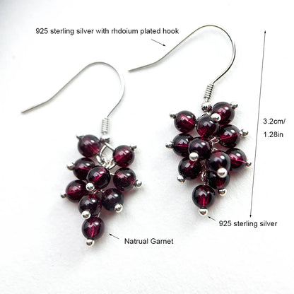 Cute Cluster Natrual Garnet Beads Dark Red Grape 925 Sterling Silver Hook Drop Dangle Earrings For Women Girls Jewelry Handmade