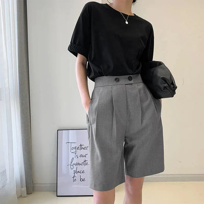 Korean Office Suits Shorts for Women Fashion Double-buttons High Waist Knee-length Pants Woman 2023 Summer Casual Short