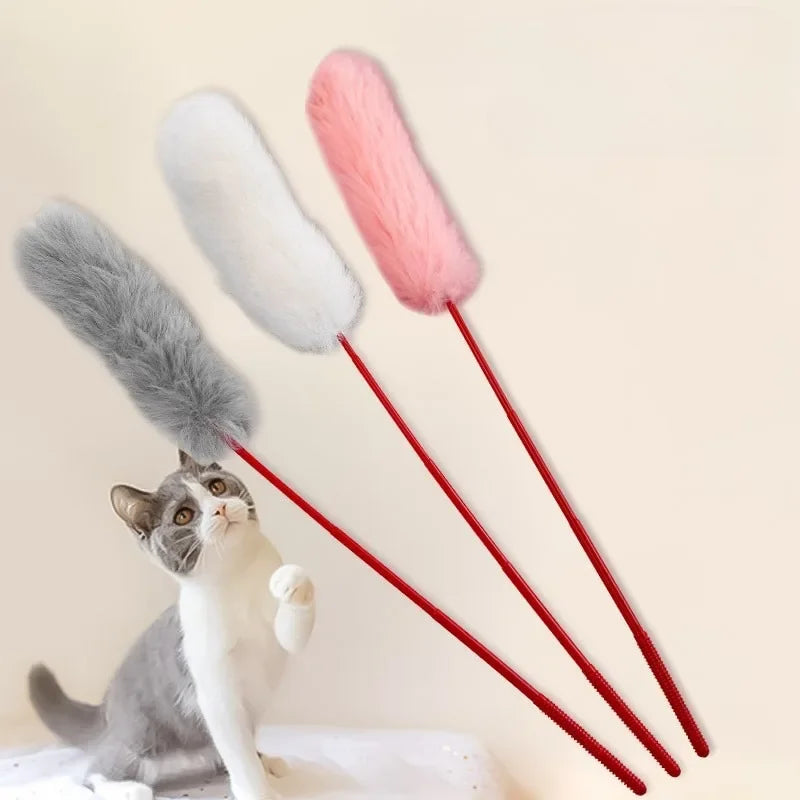 Cat Toys Interactive Cat Stick Faux Rabbit Fur Pompom Plush Pet Interactive Stick Cat Playing Training Toys Pet Supplies