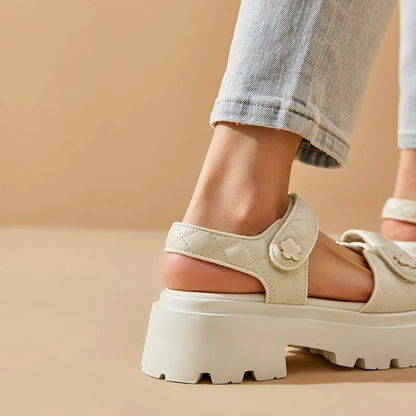 BeauToday Leather Sandals Women Soft Sheepskin Floral Ornament Hook Loop Summer Fashion Ladies Platform Shoes Handmade 38195