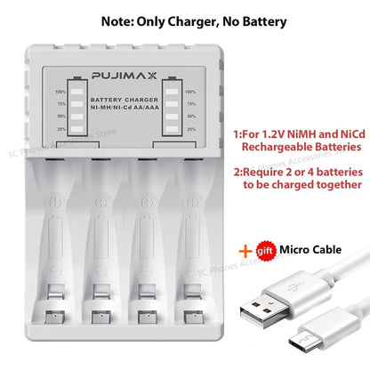 Battery Charger 4 Slot Intelligent Fast Charge With Indicator For 1.2V NiMH NiCd AAA/AA Rechargeable Batteries USB C Micro Jack