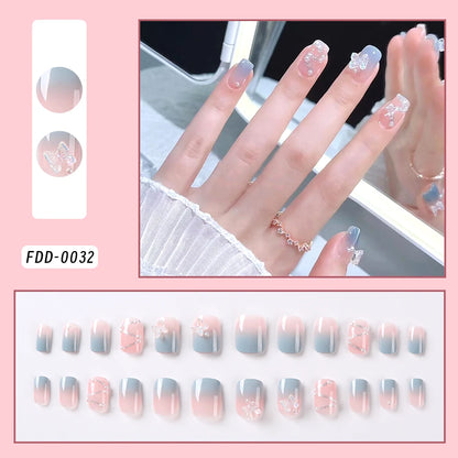24Pcs Gold Ripple Brown Flowers False Nails with Rhinestones Pearl Design Wearable Almond False Nails Full Cover Press on Nails