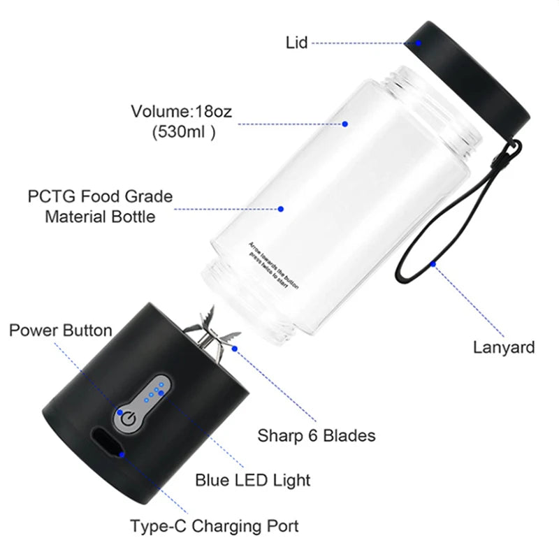 530ML Powerful Portable Blender for Smoothies Shakes USB Rechargeable Food Processor Fruit Mixer Machine Mini Juicer Blender Cup