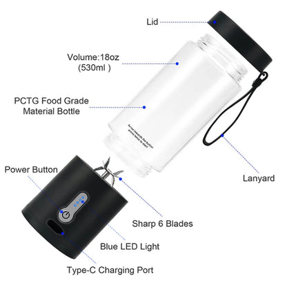 530ML Powerful Portable Blender for Smoothies Shakes USB Rechargeable Food Processor Fruit Mixer Machine Mini Juicer Blender Cup