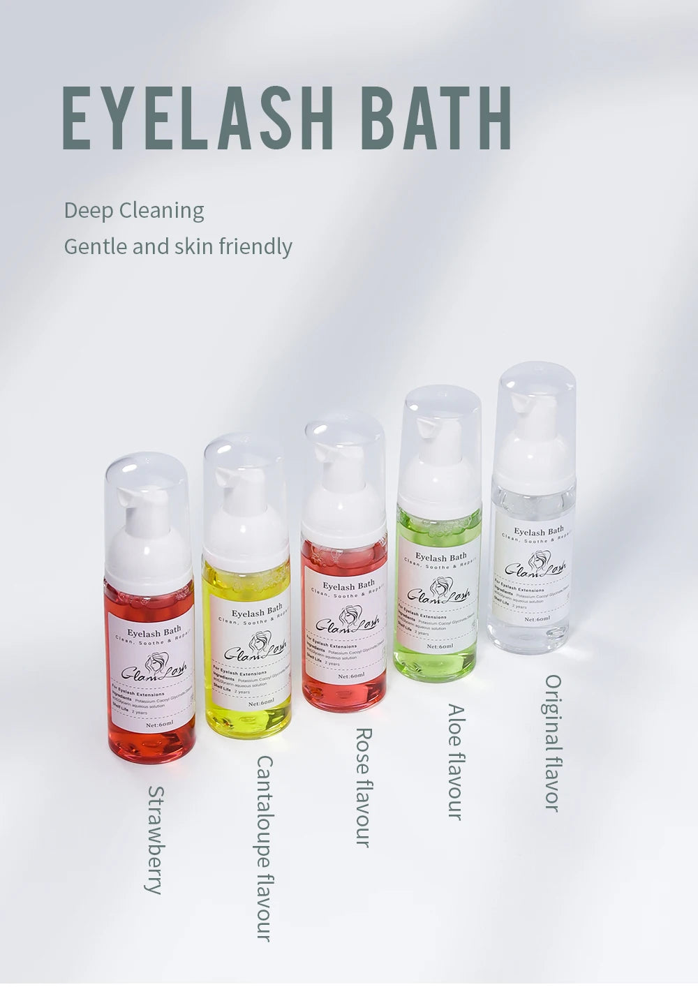 GLAMLASH 60ml No tears Formula Fruit Scent Eyelash Foam Cleanser For Lash Extension Shampoo Pump Press Lash Washing Bottles