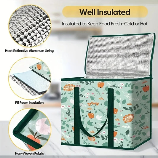 Large Reusable Grocery Bag - Keeps Food Hot/Cold for Hours, Durable Zipper Top, Spacious Interior with Storage Pockets