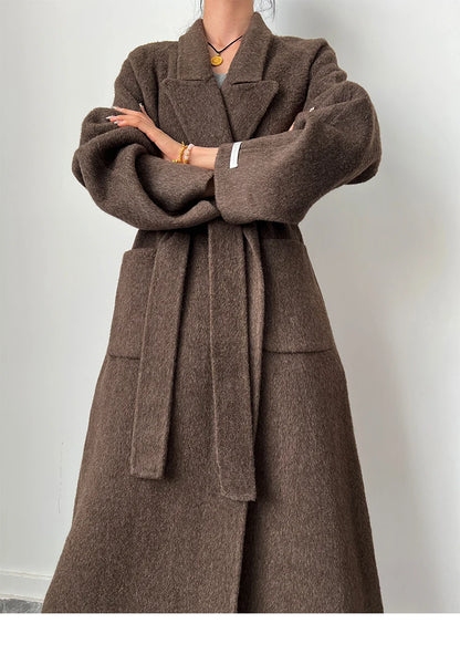 Office Lady Woolen Jackets 2024 Autumn And Winter Bathrobe Style Pocket Double-Sided Loose Lace -Up Tie Women's Long Wool Coats