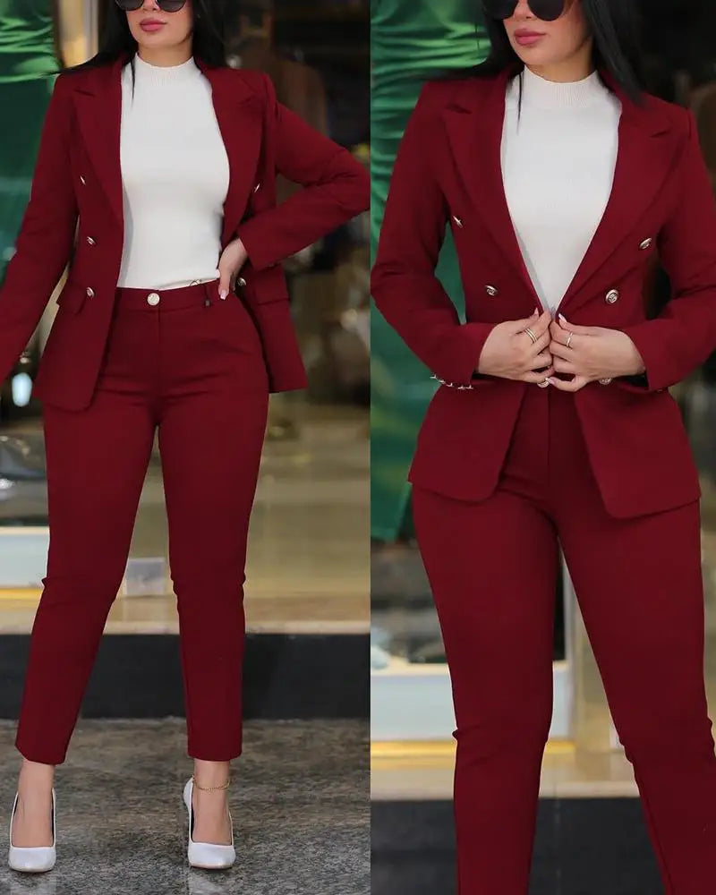 Office Lady 2 Pieces Blazer Set Ladies 2024 Elegant Pant Suit Women Chic Trousers Suit Casual Long Sleeve Jacket High Waist Pant