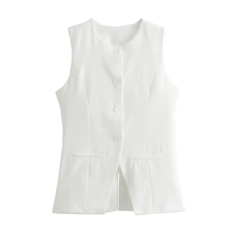 2025 Office Blazer Vest | 2-Color Stretch Waistcoat for Summer Women Workwear | Breathable Linen with Hidden Pockets