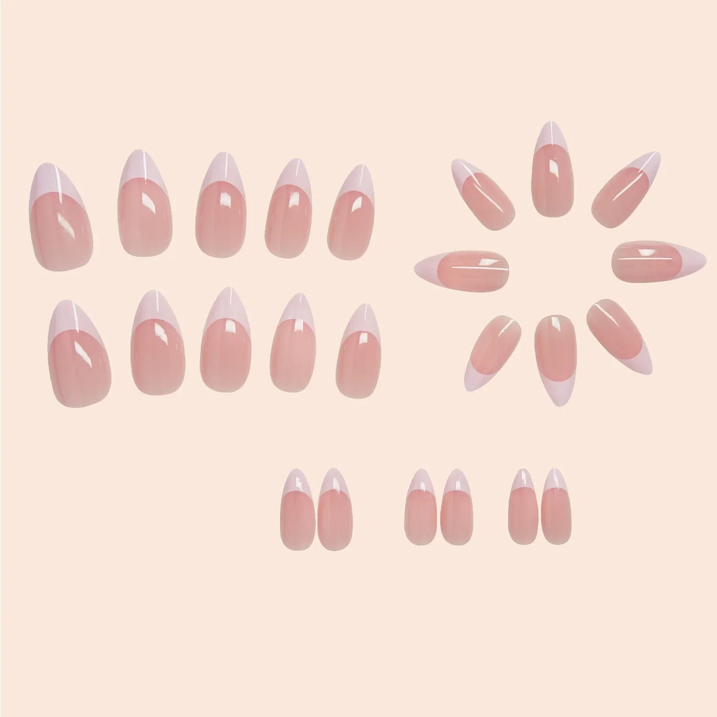 24pcs Fingertips White Press on Nails Pink Almond Wearing Nail Stickers Simple French False Nails Manicure for Women Free Glue