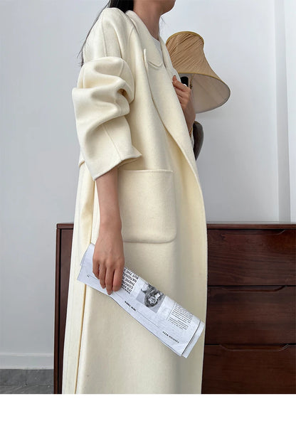 Office Lady Woolen Jackets 2024 Autumn And Winter Bathrobe Style Pocket Double-Sided Loose Lace -Up Tie Women's Long Wool Coats