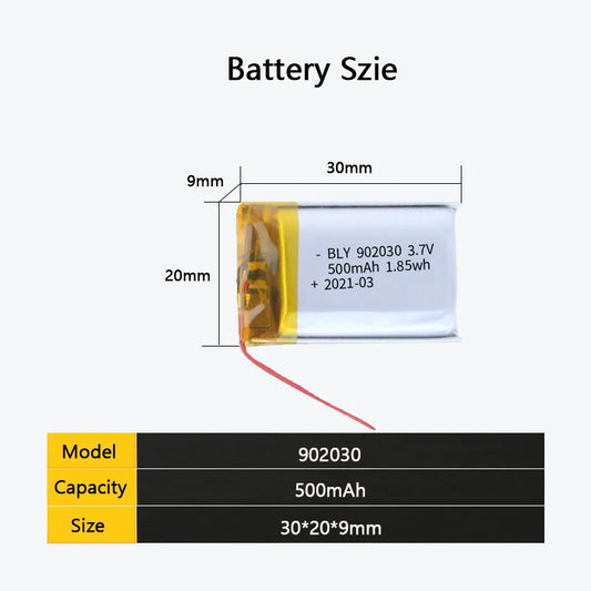902030 Lithium polymer battery 3.7V 500mAh rechargeable battery for Consumer electronics LED lights bluetooth speakers