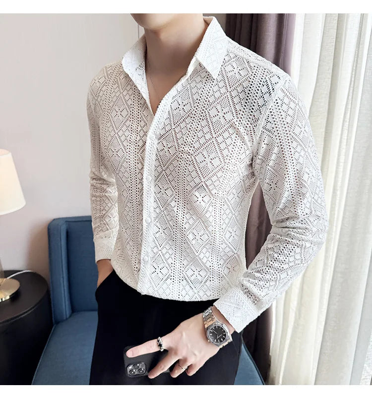 Quality Hollow Shirts For Men Korean Luxury Clothing Fashion Sexy Lace Men's Social Shirt Dress Slim Fit Long Sleeve Prom Tuxedo