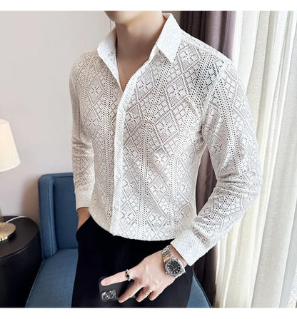 Quality Hollow Shirts For Men Korean Luxury Clothing Fashion Sexy Lace Men's Social Shirt Dress Slim Fit Long Sleeve Prom Tuxedo