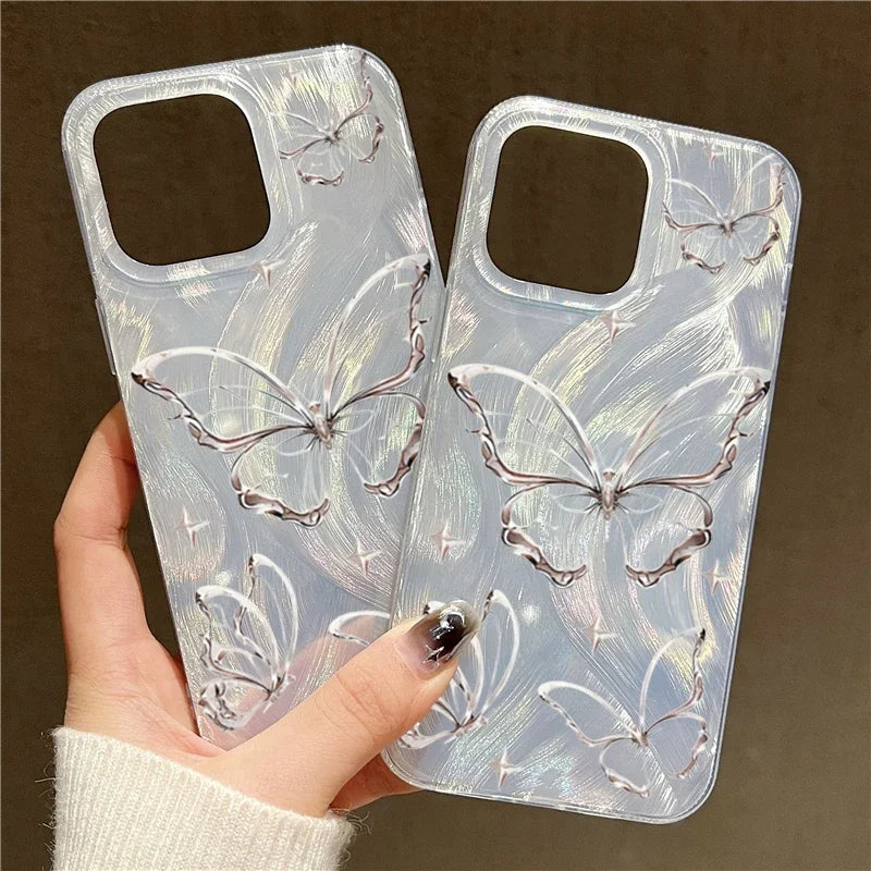 Luxury Laser Silver Butterfly Phone Case for iPhone 15 Pro Max 14 13 12 11 XS XR X 7 8 Plus SE 2020 2022 SE2 SE3 Silicone Cover