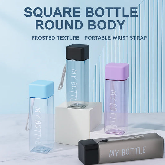 Portable Plastic Water Cup Square Bottle with Hand Strap Milk Cup Creative Frosted Portable Cup Student Sports Water Bottle