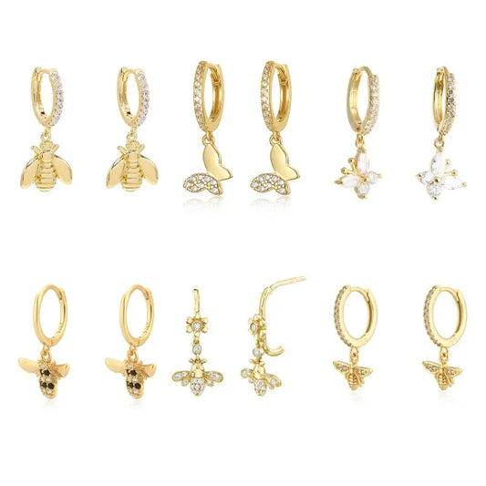 Geometric Zircon Round Bee Butterfly Hoop Earring for Women Cute Animal Huggie Ear Ring Jewelry Pendientes Wholesale