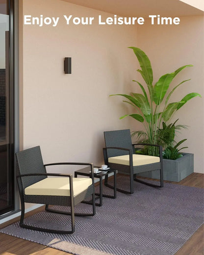 3 Pieces Patio Furniture Set Rocking Bistro Set Outdoor Rattan Conversation with Coffee Table for Garden Balcony Backyard