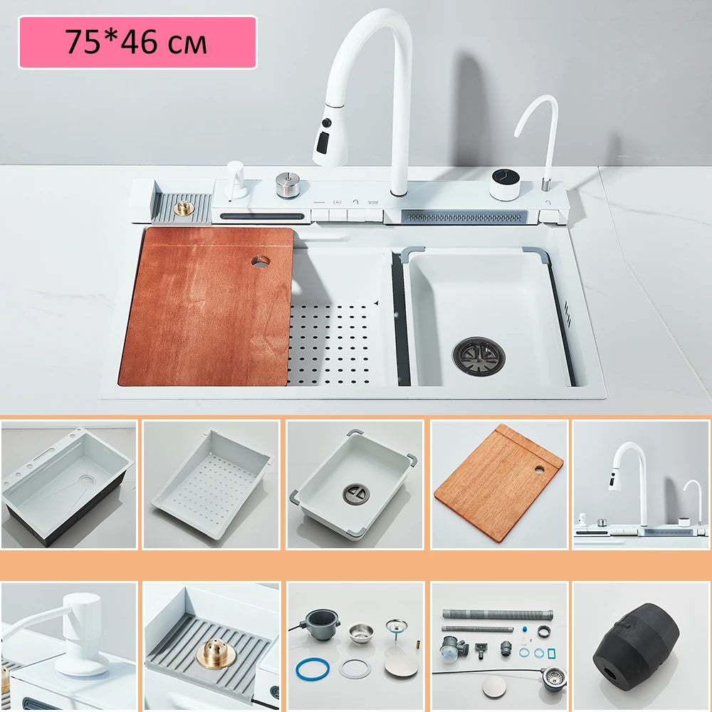 304 Stainless Steel Waterfall Kitchen Sink Large Single Slot Integrated Digital Display Faucet Set Soap Dispenser Cup Washer