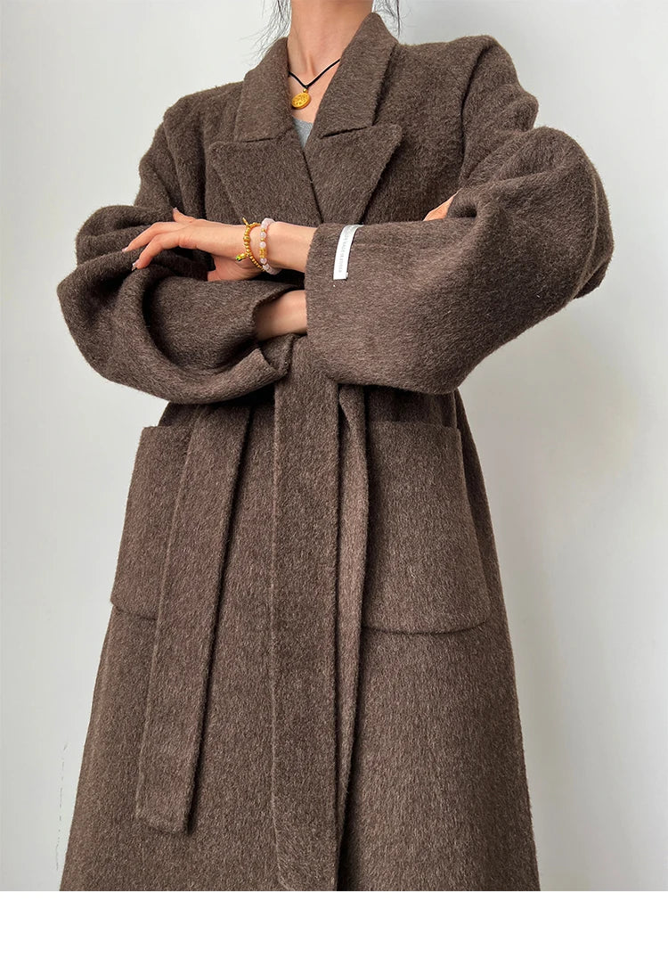 Office Lady Woolen Jackets 2024 Autumn And Winter Bathrobe Style Pocket Double-Sided Loose Lace -Up Tie Women's Long Wool Coats