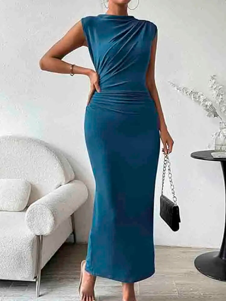 Women's Ruched Bodycon Dress Summer Casual Sleeveless Back Slit Elegant Club Evening Party Cocktail Maxi Dresses