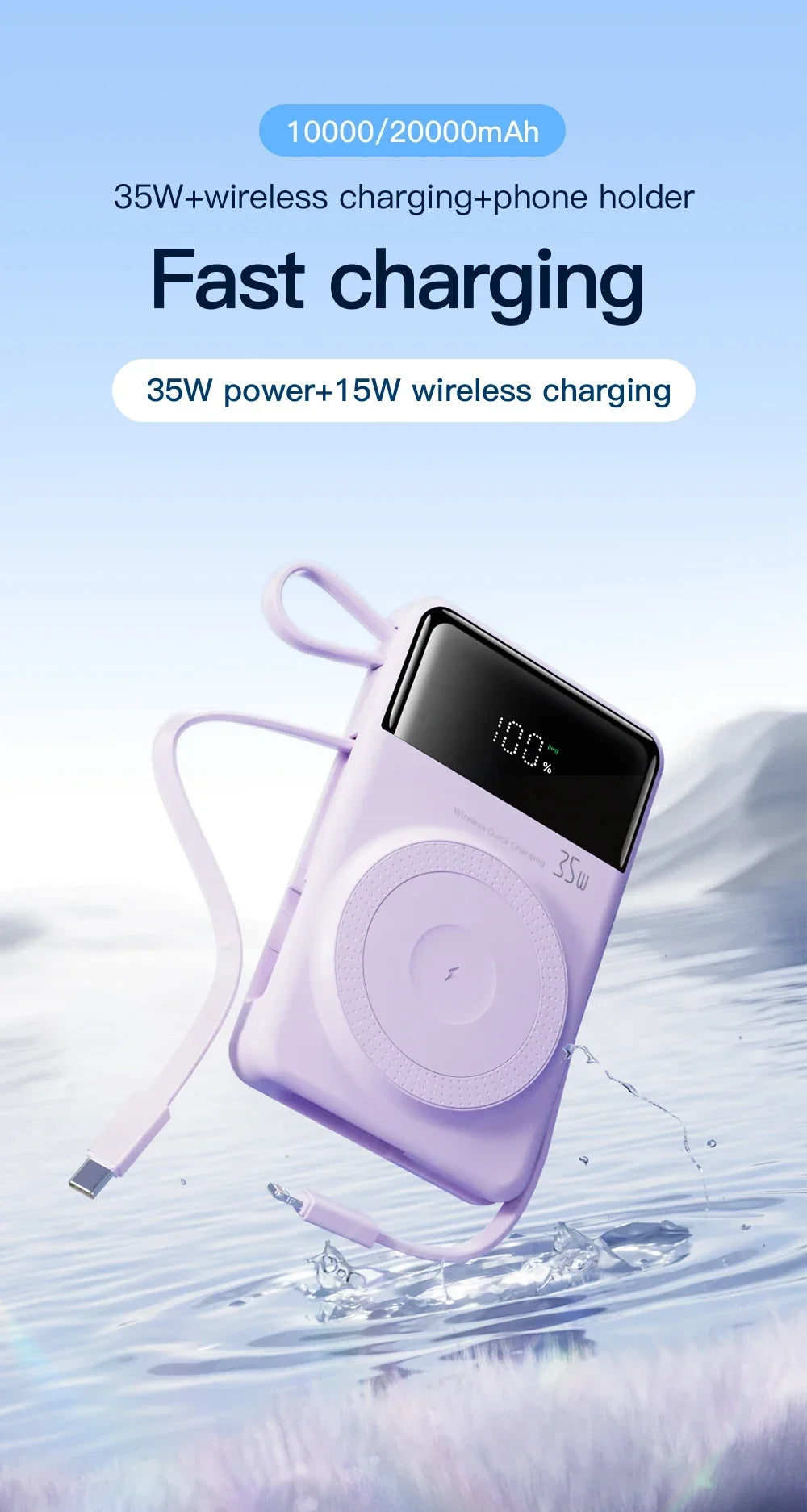 New Portable Built in Cables Magnetic Wireless Power Bank PD35W Fast Charging 20000mAh Large Capacity Powerbank for iPhone 16 15