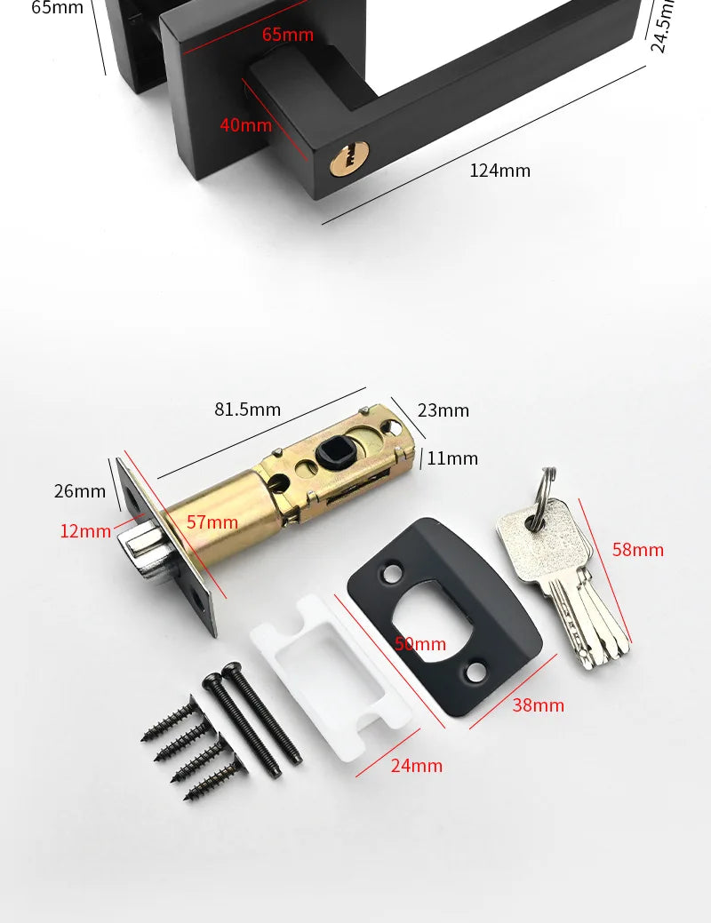 Indoor Door Lock, Aluminum Alloy Handle  Adjustable Room Wooden Door Handle Square Minimalist American Heavy-duty Three Bar Lock