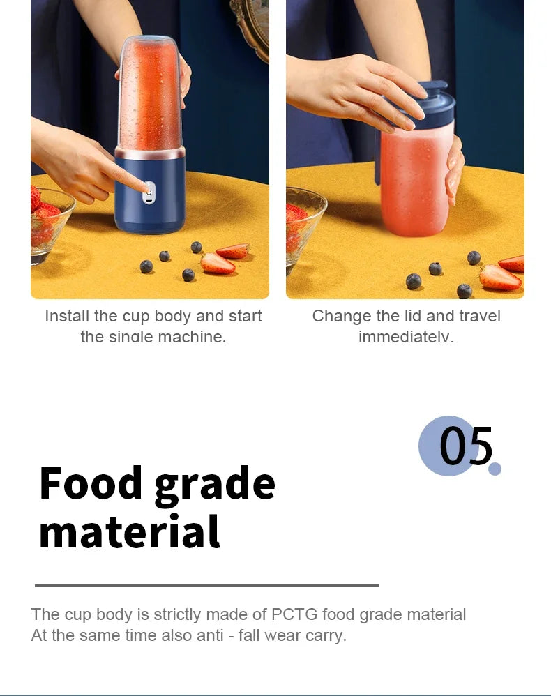 Portable Juicer Cup Smoothie Blender 6 Blade Blender Bottle Household Fruit Juicer Cup USB Rechargeable Juicer Kitchen Tool