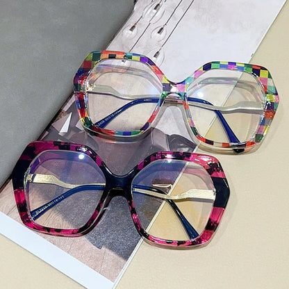 R57426 Trend Colorful Optical Glasses Frame Reading Spectacles Ladies Polygon Large Size Anti Blue Light Glass Prescription Glas