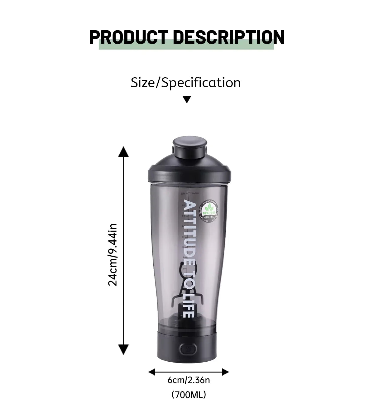 Electric Protein Shaker Bottle, USB Rechargeable Blender Bottles, BPA Free, Tritan Portable Blender Cup, 650ml