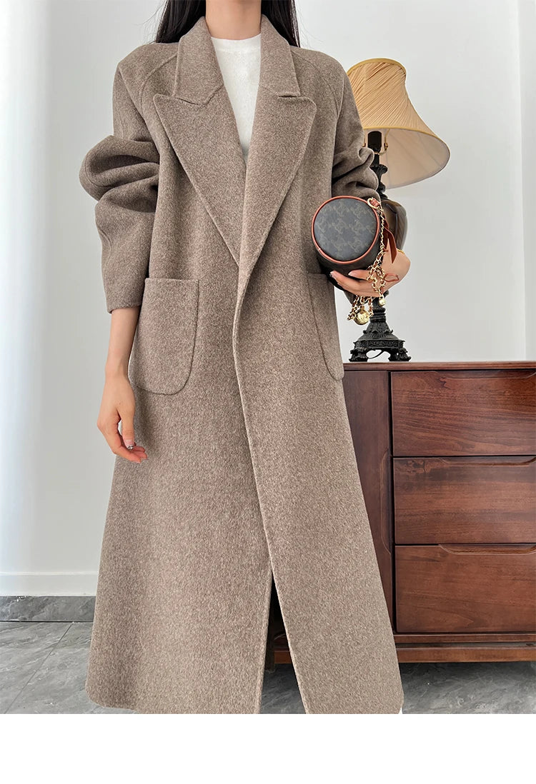 Office Lady Woolen Jackets 2024 Autumn And Winter Bathrobe Style Pocket Double-Sided Loose Lace -Up Tie Women's Long Wool Coats