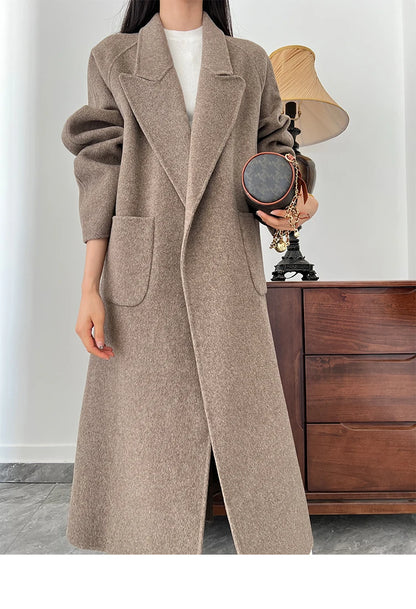 Office Lady Woolen Jackets 2024 Autumn And Winter Bathrobe Style Pocket Double-Sided Loose Lace -Up Tie Women's Long Wool Coats