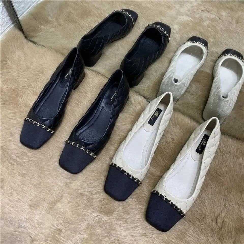 Office Woman Footwear Beige Fashion Leather Casual Shoes For Women Block Heel Square Toe Low Elegant Popular Vacation Spring Y2k