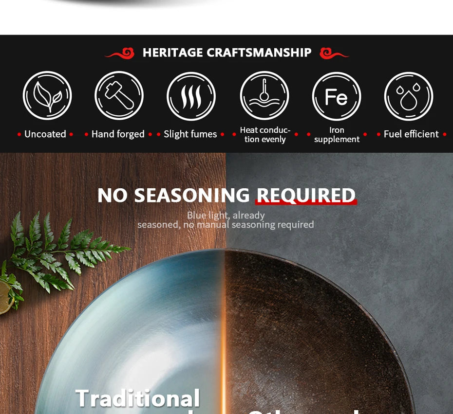 Flat Bottom Wok Pan 13.5" Woks and Stir Fry Pans Blue iron Cookware Traditional Chinese Cookware for Electric Induction Cooktops