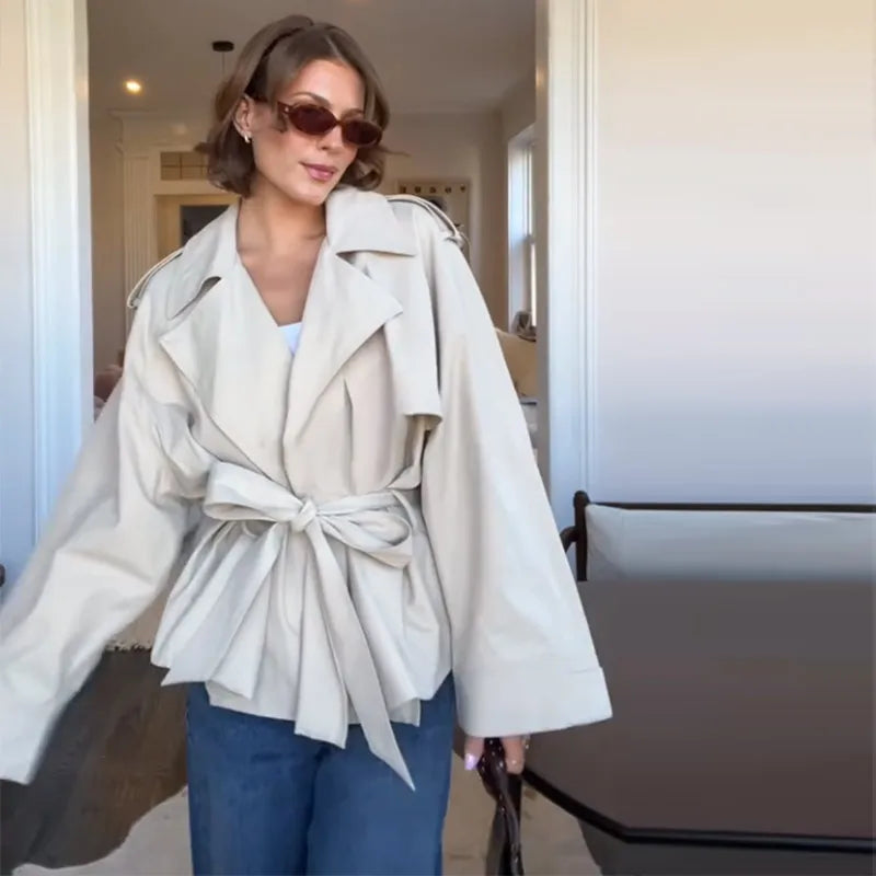 Casual Office Women's Bomber Jacket Chic Lace Up Lapel Collar Full Sleeve Female Coat Spring New Office Lady Outerwear Commuting