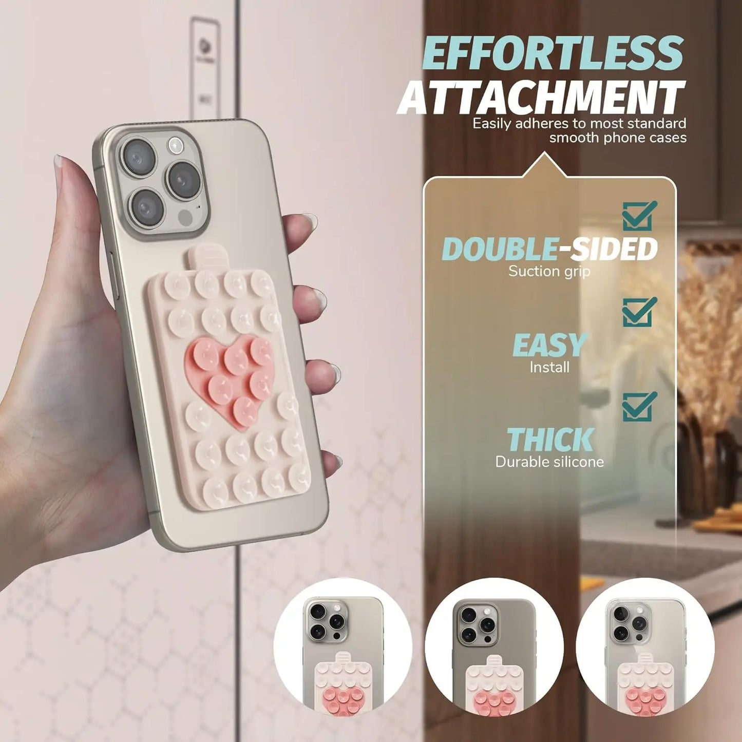 Heart Shape Double Sided Phone Suction Holder, Multi-Purpose Silicone Suction Cup Phone Mount Phone Case Sticky Phone Grip