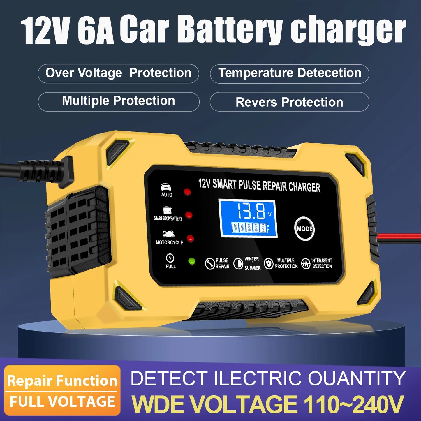 Car Battery Charger, 12V 6A Automatic Intelligent Storage Battery Maintainer Trickle Charger Suitable for Cars, Trucks, Suvs, Mo