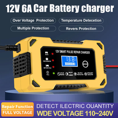 Car Battery Charger, 12V 6A Automatic Intelligent Storage Battery Maintainer Trickle Charger Suitable for Cars, Trucks, Suvs, Mo