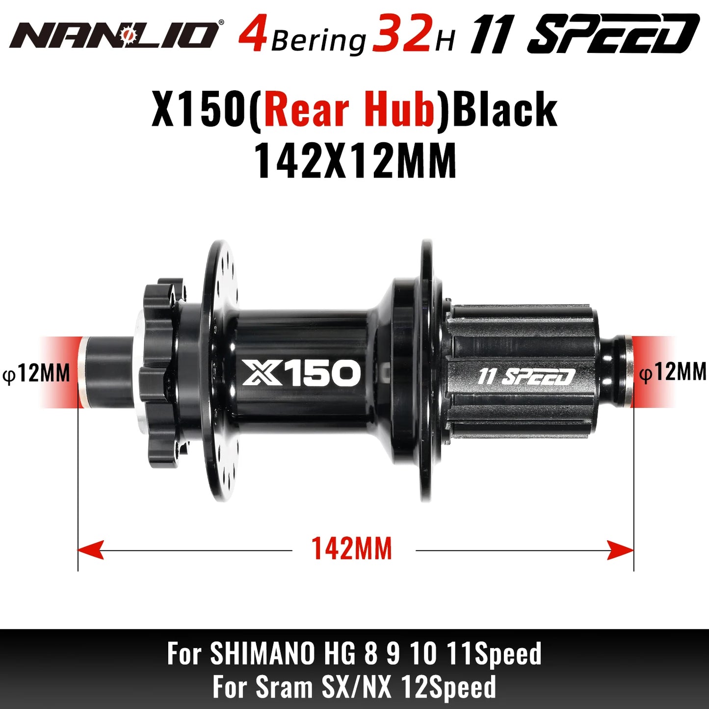 Bicycle hubs Nanlio X150 Mountain Bike Hubs 6 Pawls 150 Engagement Rear Hub HG MS XD 8-12 Speed 28 32 36 Holes Noisy wheel Hubs