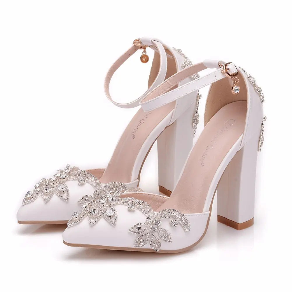 2025 Thick Heel Pointed Toe Shoes Large Size  Thick Heel Sandals Women Rhinestone Wedding Shoes Women White Wedding Shoes Drill