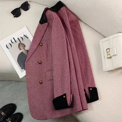 Women's Office Woolen Suit Jacket for women 2025 New Autumn Winter Chic gray Herringbone pattern Suit Female Thick Casual Coat