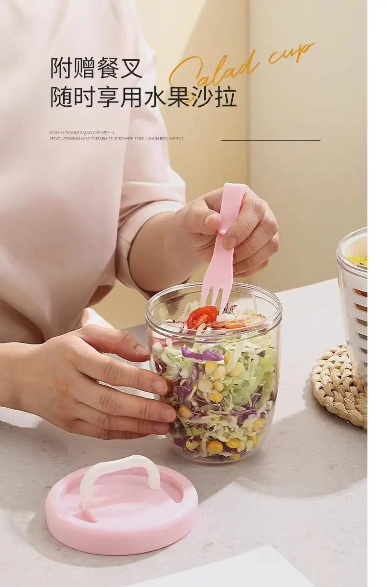 Salad Cup With Fork Cylindrical Plastic Fruit Cup Multifunctional Drainage Function Salad Container, Portable Lunch Box