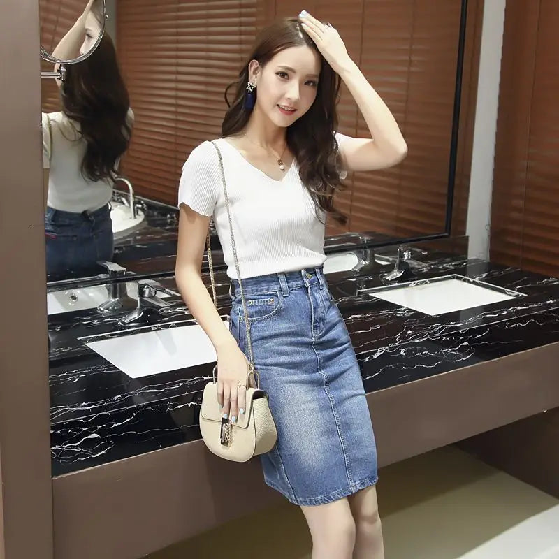 Skirts For Women Midi Denim To Knees Length Womens Skirt Casual Trend A Line Streetwear Offer Youthful Emo Jeans Y2k V Clothing