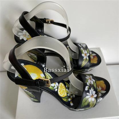 2025 Print Flower High Platform Sandals Women Chunky Heel Genuine Leather Ankle Strap Party Shoes Summer