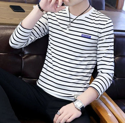 T Shirts for Men Stripe Tops Red Cotton Male Clothes Round Neck Harajuku Fashion Sale High Brand Regular Fit It Full Sleeve Tee