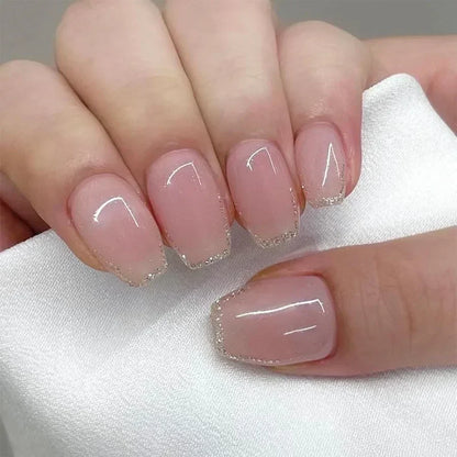 24Pcs Medium Short Square False Nails Glittering Nail Art White Wearable Fake Nail Silver French Full Cover Press on Nail Tips