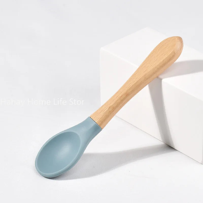 Baby Silicone Feeding Set with Wooden Handle Soft Training Spoon and Fork for Kids