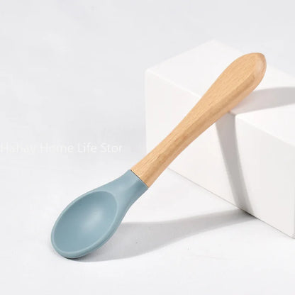 Baby Silicone Feeding Set with Wooden Handle Soft Training Spoon and Fork for Kids