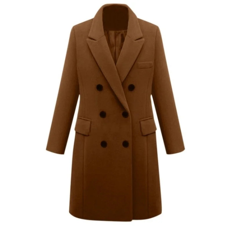 Officewear Casual Women Jackets Fashion Ladies Wool Loose Outwear Elegant Lapel Solid Double-breasted Coats For Autumn Winter