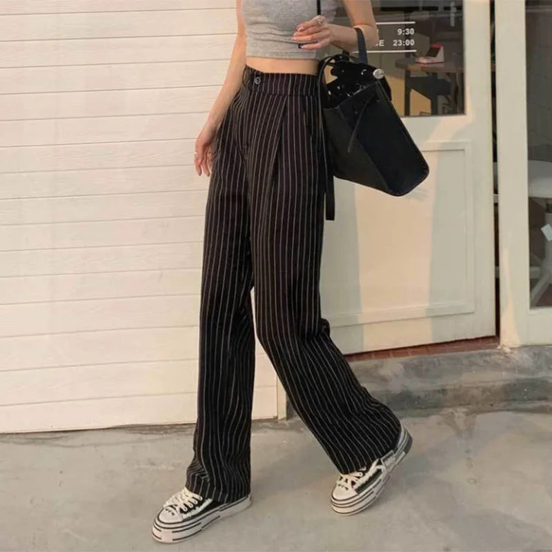 Women's Formal Office Wear Suit Pants Vintage High Waist Baggy Striped Pants Woman Korean All-Match Straight Trousers Female